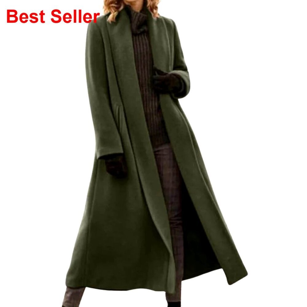Women's Wool Pea Coat Shawl Collar Open Front Mid Long Winter Coat